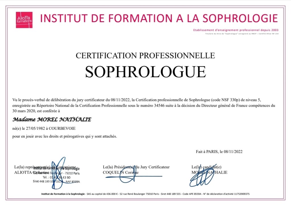 photo diplome So’Happy Thérapie - Nathalie MOREL