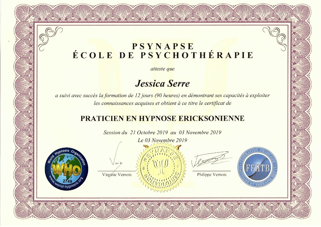 photo diplome Jessica SERRE - Hypnolya