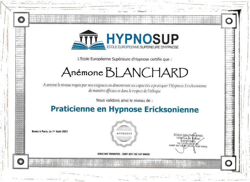 photo diplome Anémone Hypnose