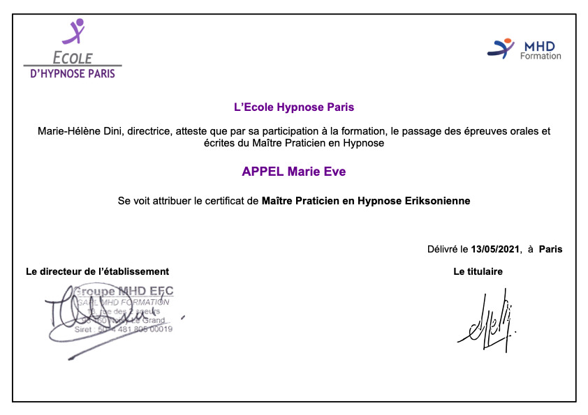 photo diplome CABINET MARIE ET VOUS – Marie Eve Appel – Hypnose 