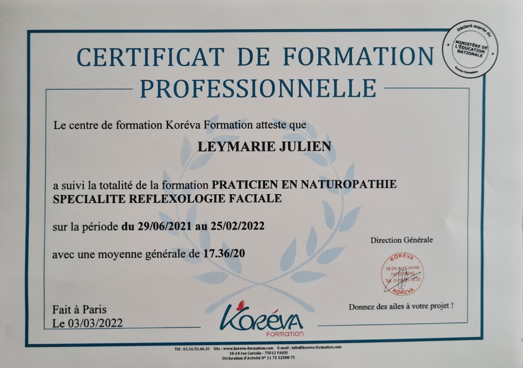 photo diplome Julien LEYMARIE Naturopathe/Magnétiseur 