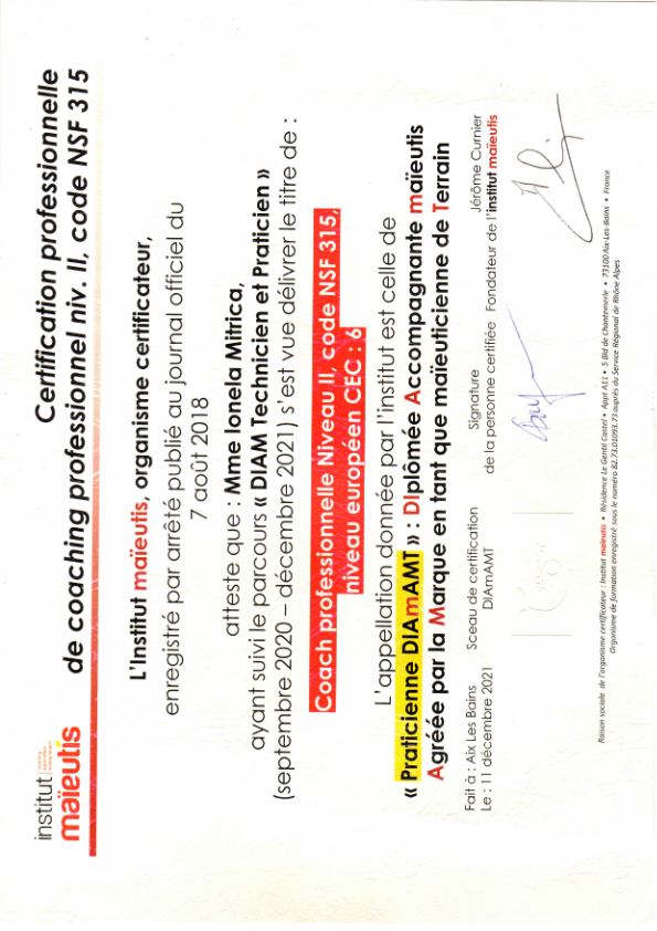 photo diplome Ionela Mitrica - IM Coaching
