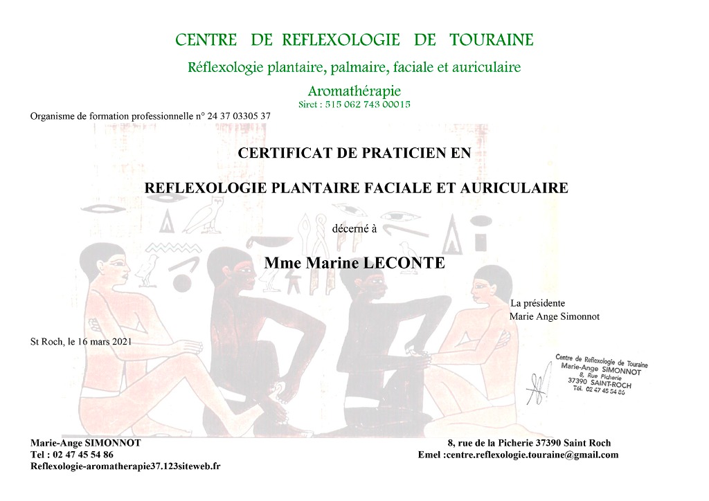 photo diplome Marine Leconte Réflexologie