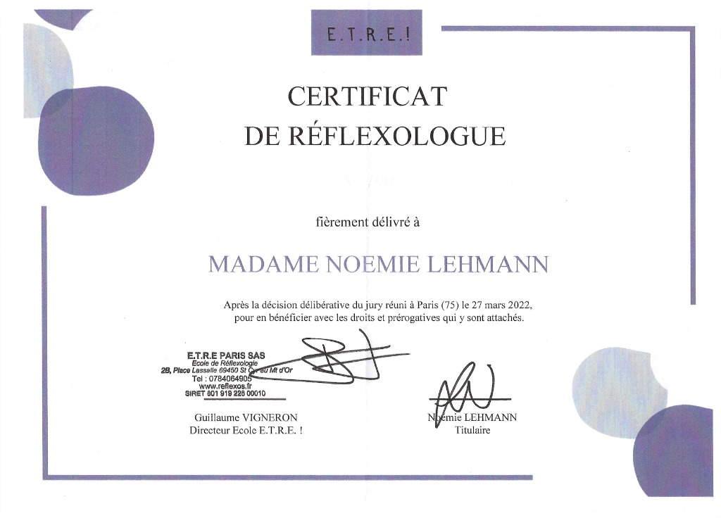 photo diplome Noëmie Réflexologie