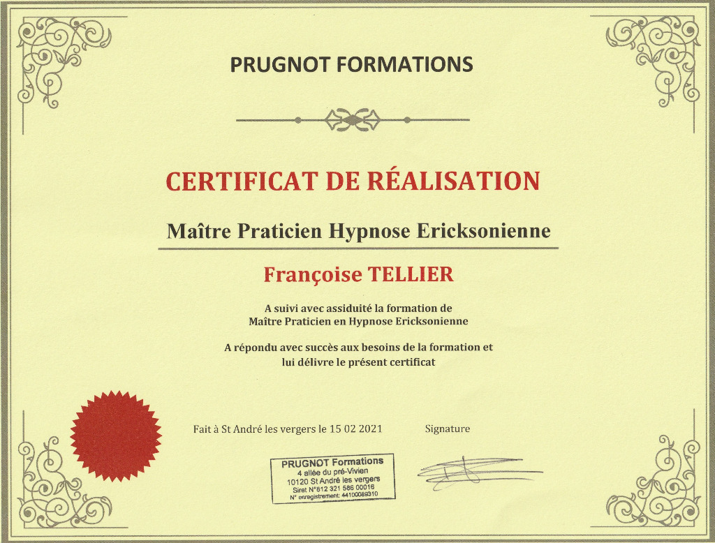 photo diplome Françoise TELLIER - Hypnose & Sens