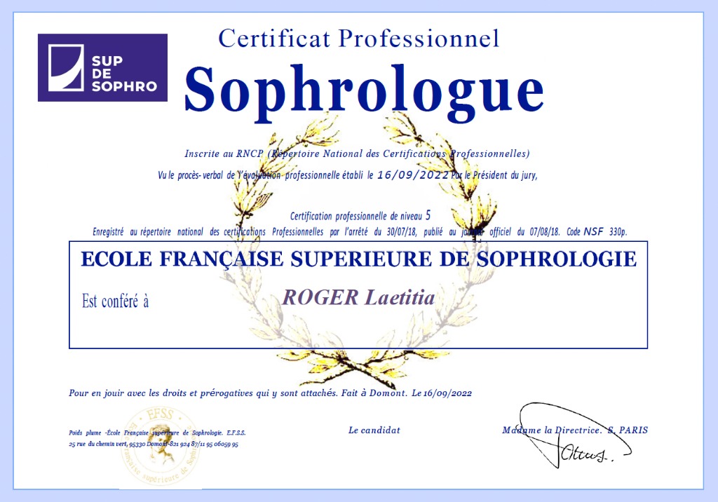 photo diplome Laetitia ROGER - Sophrologue