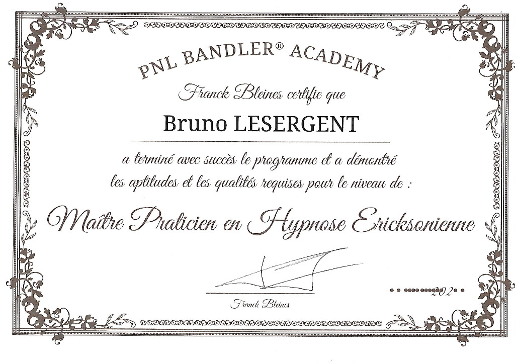 photo diplome Bruno LESERGENT "mon hypnocoach.fr"