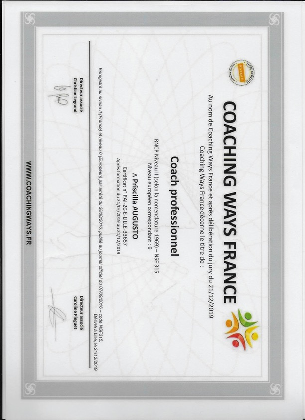 photo diplome Priscilla Augusto Coaching 