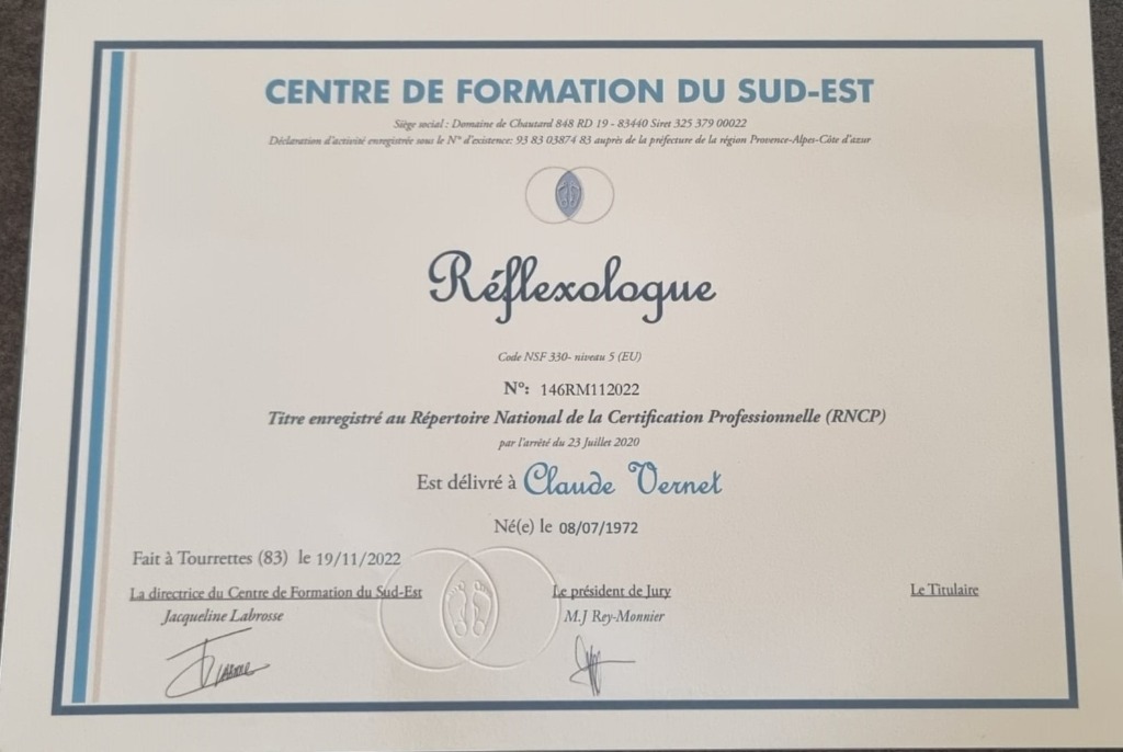 photo diplome REFLEXOLOGIE AGATHOISE