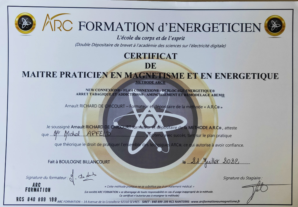 photo diplome Michel Apfeld - Magnétiseur