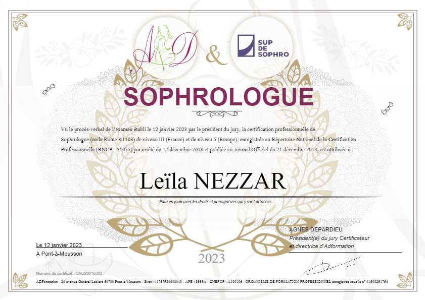 photo diplome Émoi vagabond sophrologie