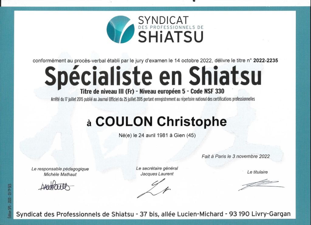 photo diplome Christophe Coulon Shiatsu