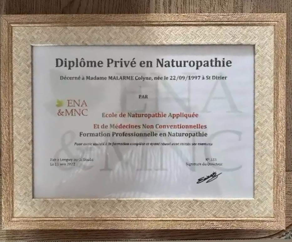 photo diplome Colyne MALARME Naturopathe
