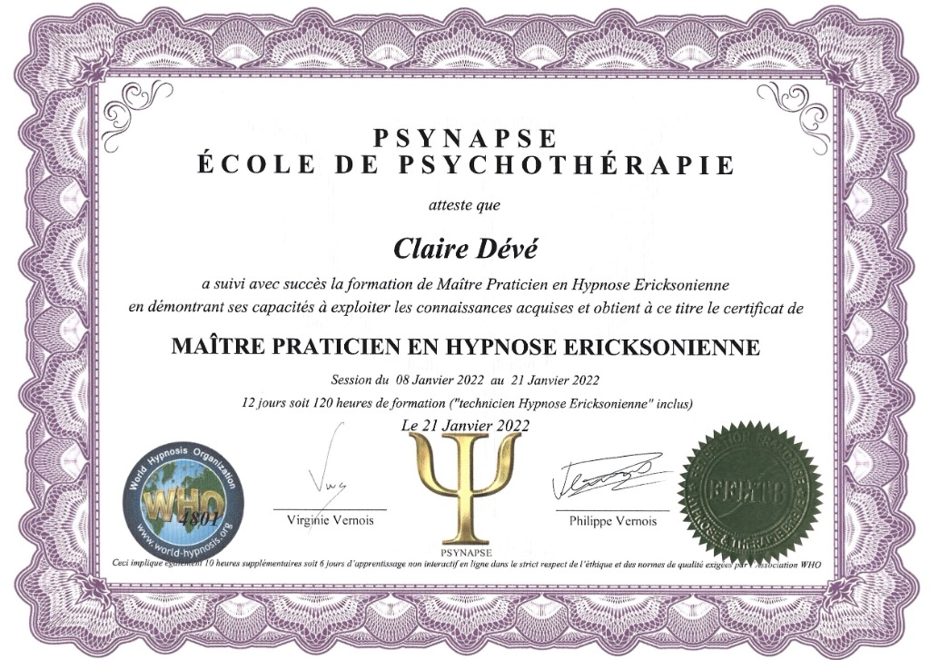 photo diplome Cabinet Claire DÉVÉ