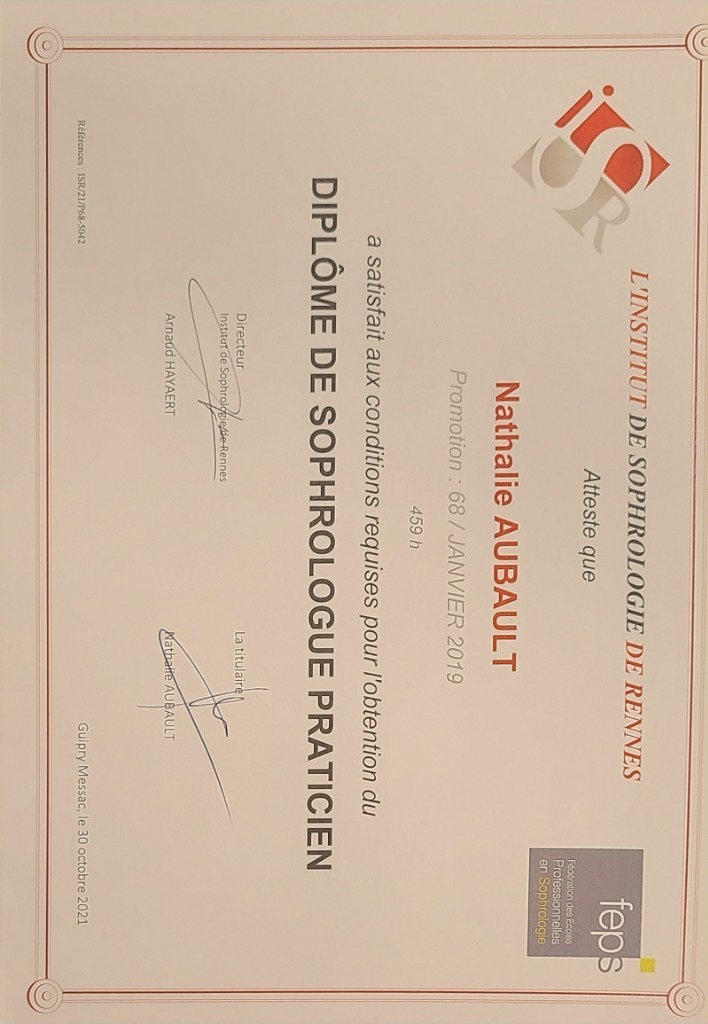 photo diplome Nathalie Aubault Sophrologue