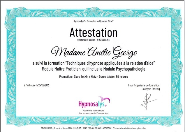 photo diplome Amélie George - Hypnothérapeute 