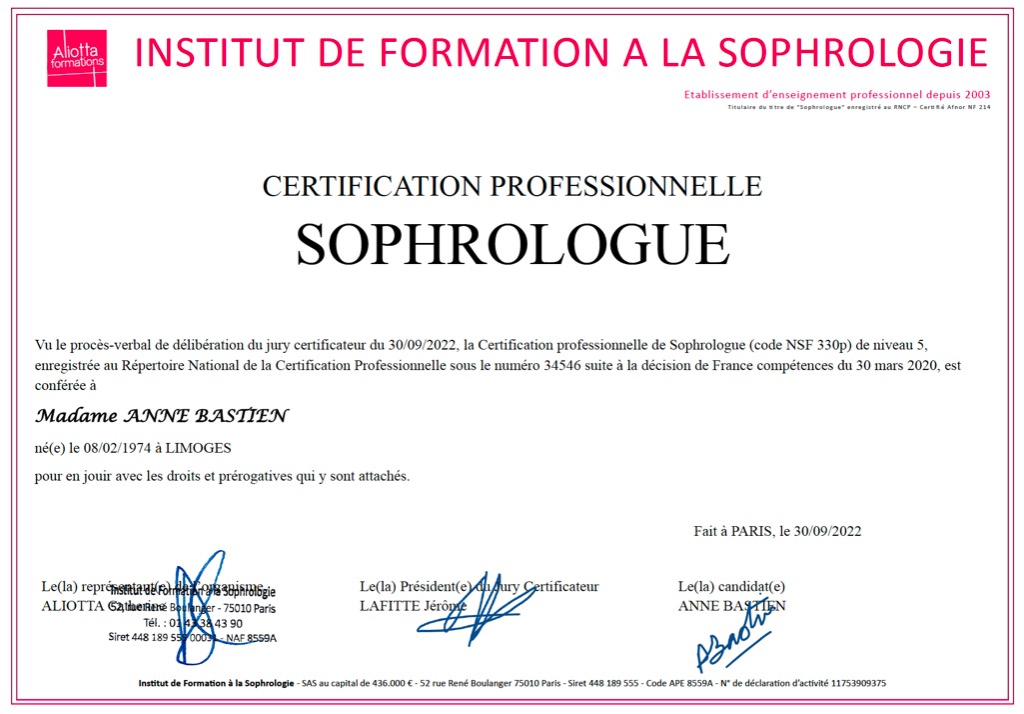 photo diplome Anne BASTIEN Sophrologie