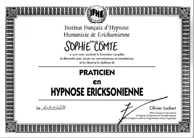 photo diplome Sophie Comte Hypnose