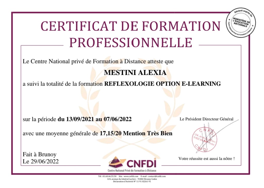 photo diplome Reflex’o soin