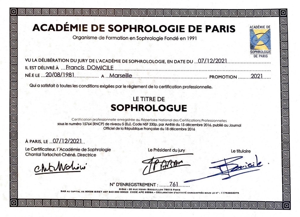 photo diplome Sophrologie à Domicile