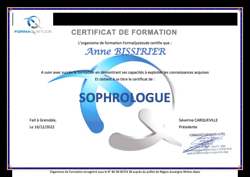 photo diplome Bliss sophrologie