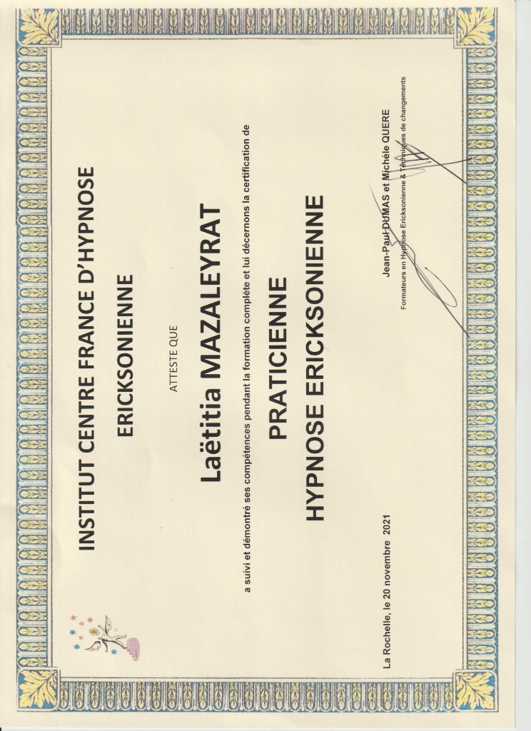 photo diplome Laëtitia Mazaleyrat Hypnothérapeute