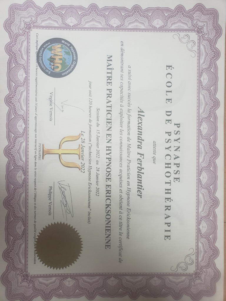 photo diplome Alexandra Ferblantier Hypno-Taozen