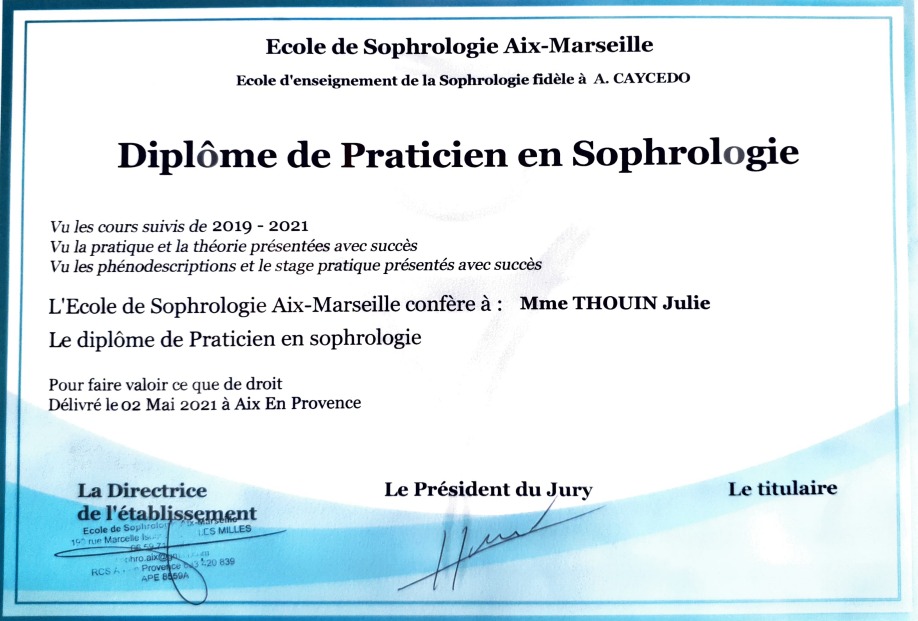 photo diplome La Sophro de Julie