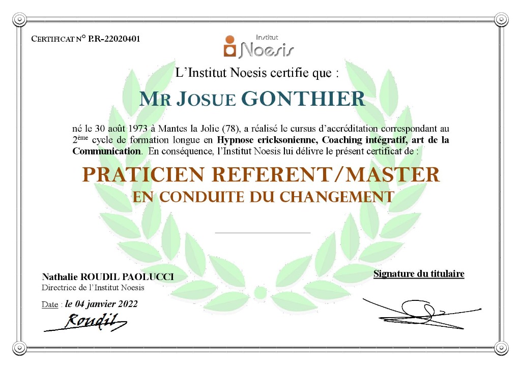 photo diplome Hypnotiz’eure thérapeutique