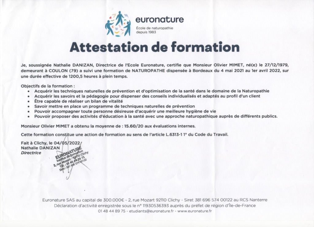 photo diplome Olivier Mimet - Naturopathe