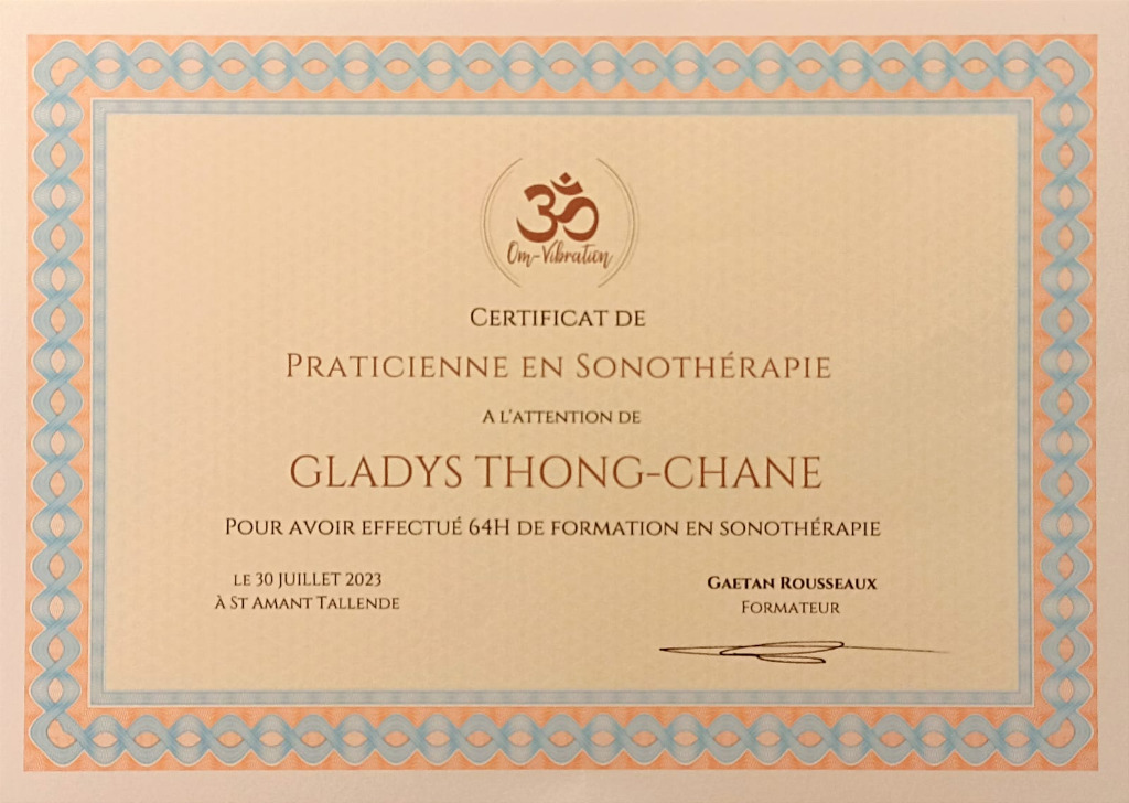 photo diplome Le Cocon de Reiki - Gladys Thong-Chane