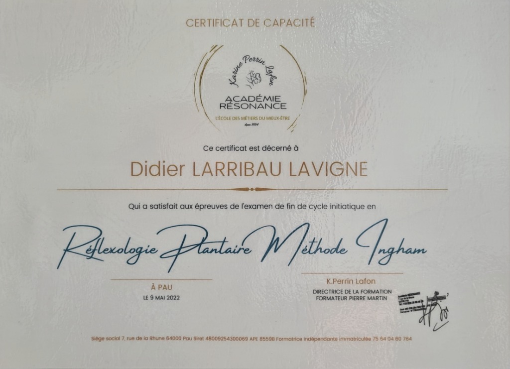 photo diplome L’Orchidée 64 - Masseur & Réflexologue