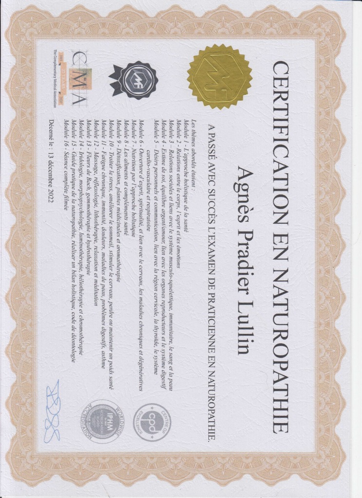 photo diplome Agnès Pradier Lullin, naturopathe