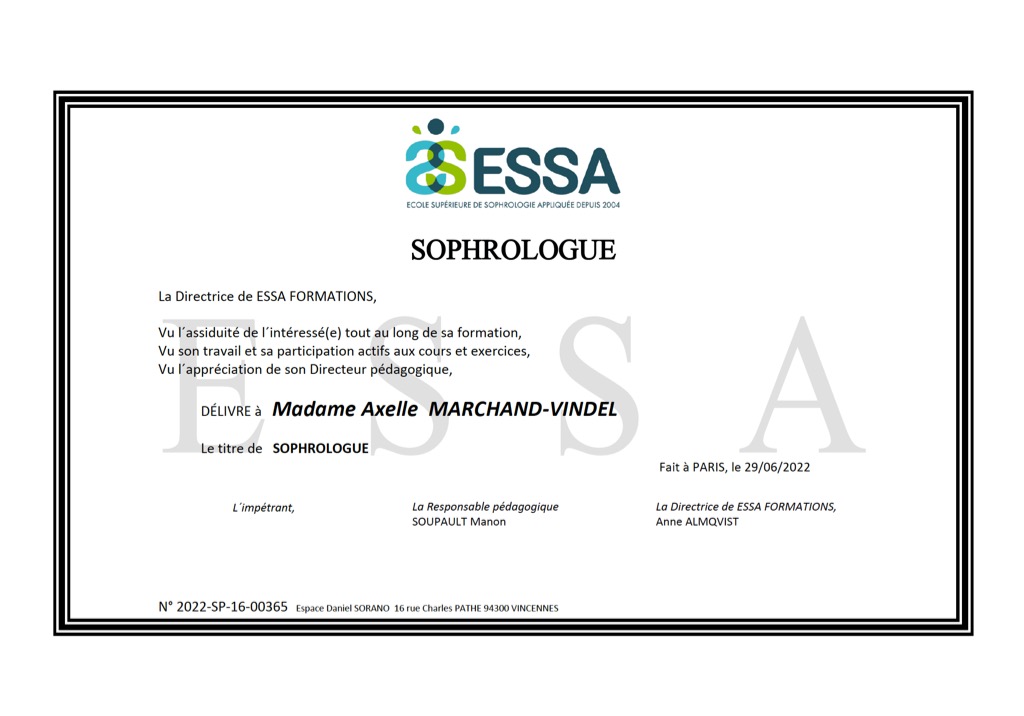 photo diplome Axelle Marchand Sophrologue - Paris 14