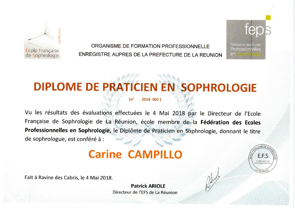 photo diplome ILOZEN (Sophrologie) CAMPILLO