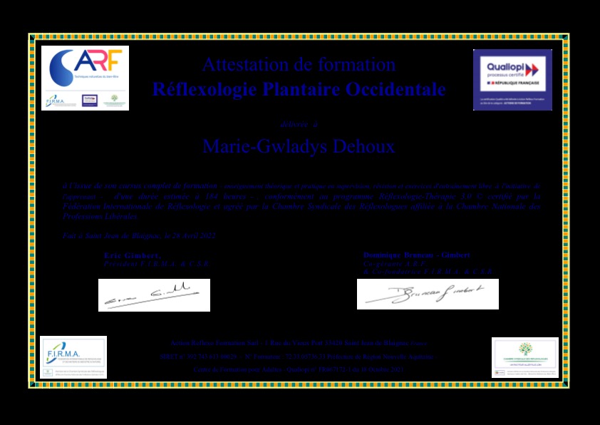 photo diplome Marie-Gwladys Dehoux Réflexologue 