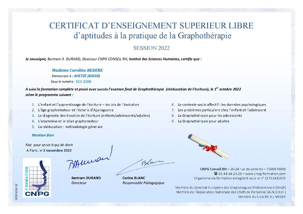 photo diplome Graphothérapie 64