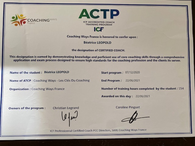 photo diplome Béatrice Léopold (BLV-COACH)