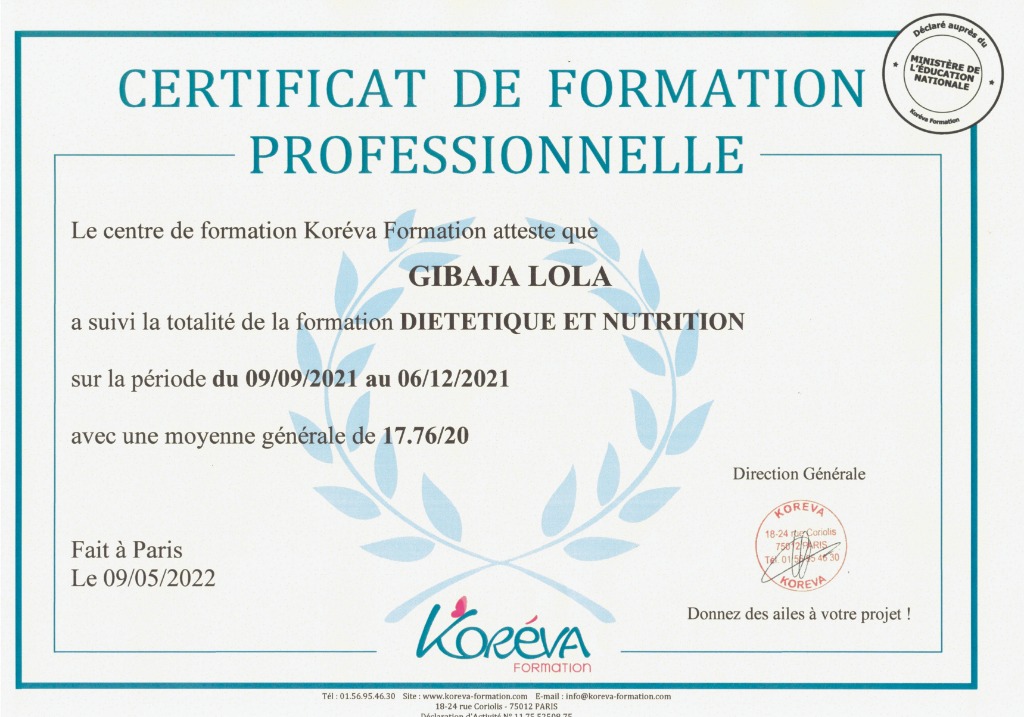 photo diplome Lola Gibaja - Coaching en Nutrition