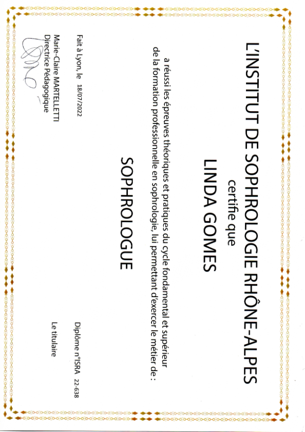 photo diplome Linda Gomes Sophrologie