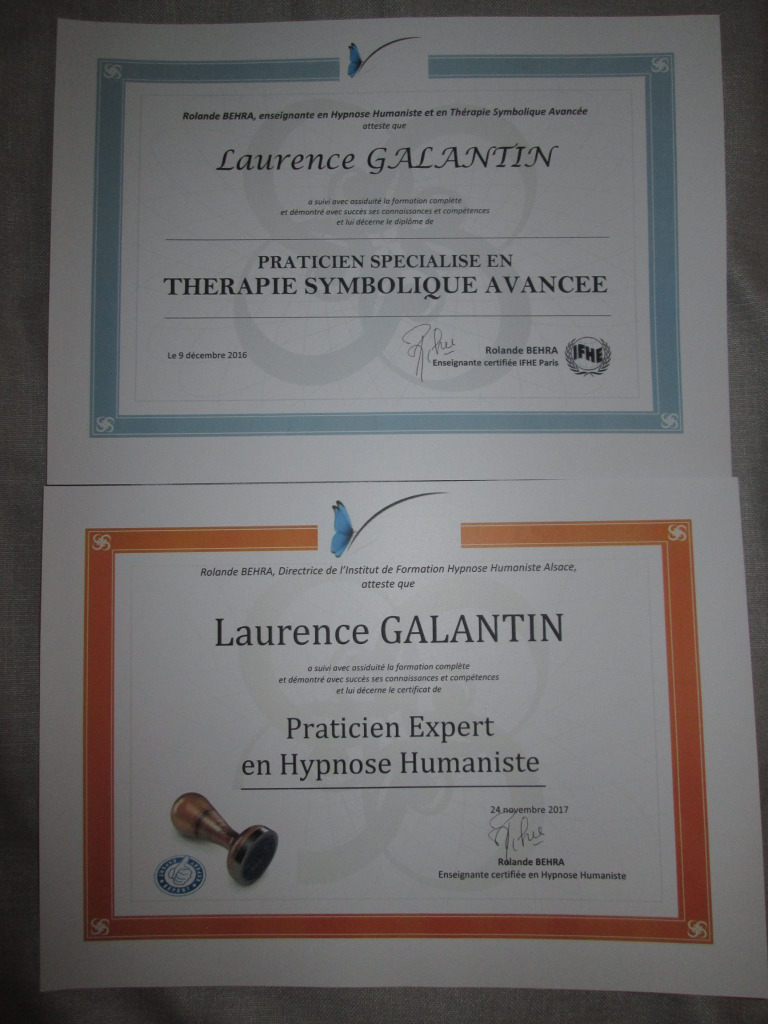 photo diplome Laurence Galantin cabinet Hypn’Ose