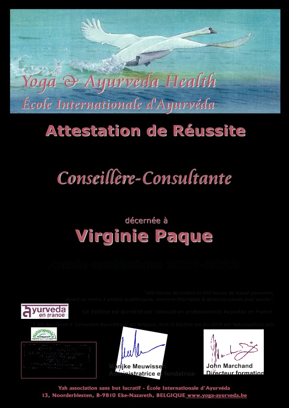 photo diplome Varjeeniya, la santé selon l’ayurvéda. By Virginie