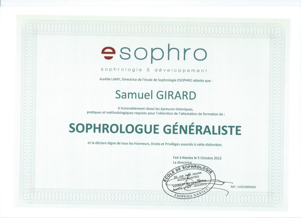photo diplome Samuel Girard Sophrologue