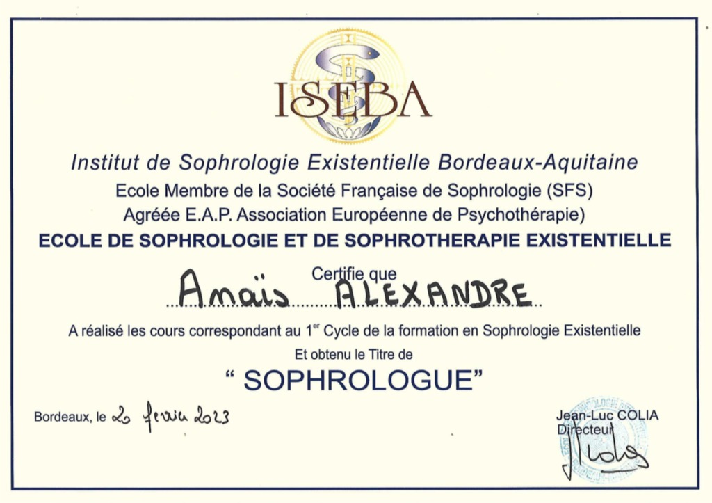 photo diplome Anaïs Alexandre Sophrologue