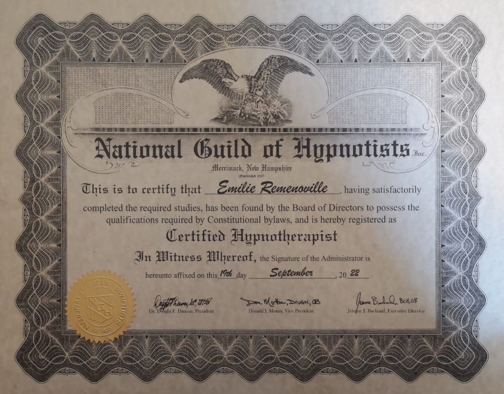 photo diplome Emilie Remenoville Hypnothérapie, Thérapie MOSAIC