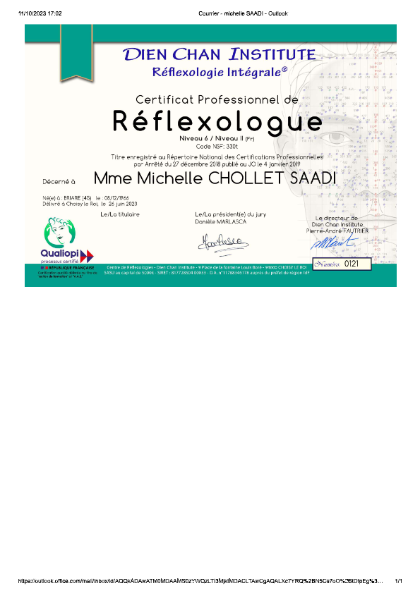 photo diplome Michelle SAADI CHOLLET Réflexologue