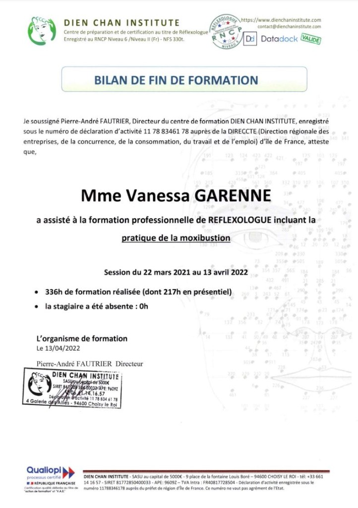 photo diplome Vanessa Vanhoof Réflexologue