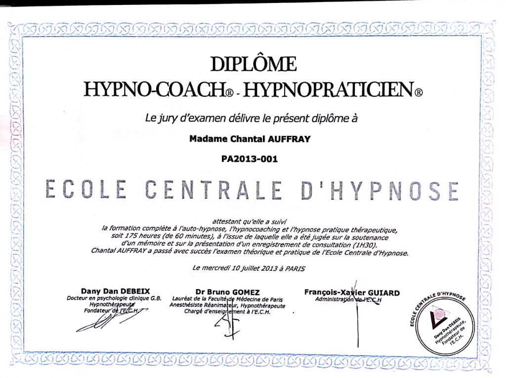 photo diplome Chantal Auffray - Hypnose