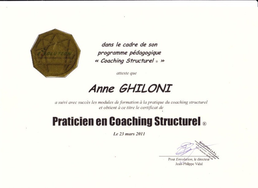 photo diplome Anne GHILONI - Coaching Psycocorporel