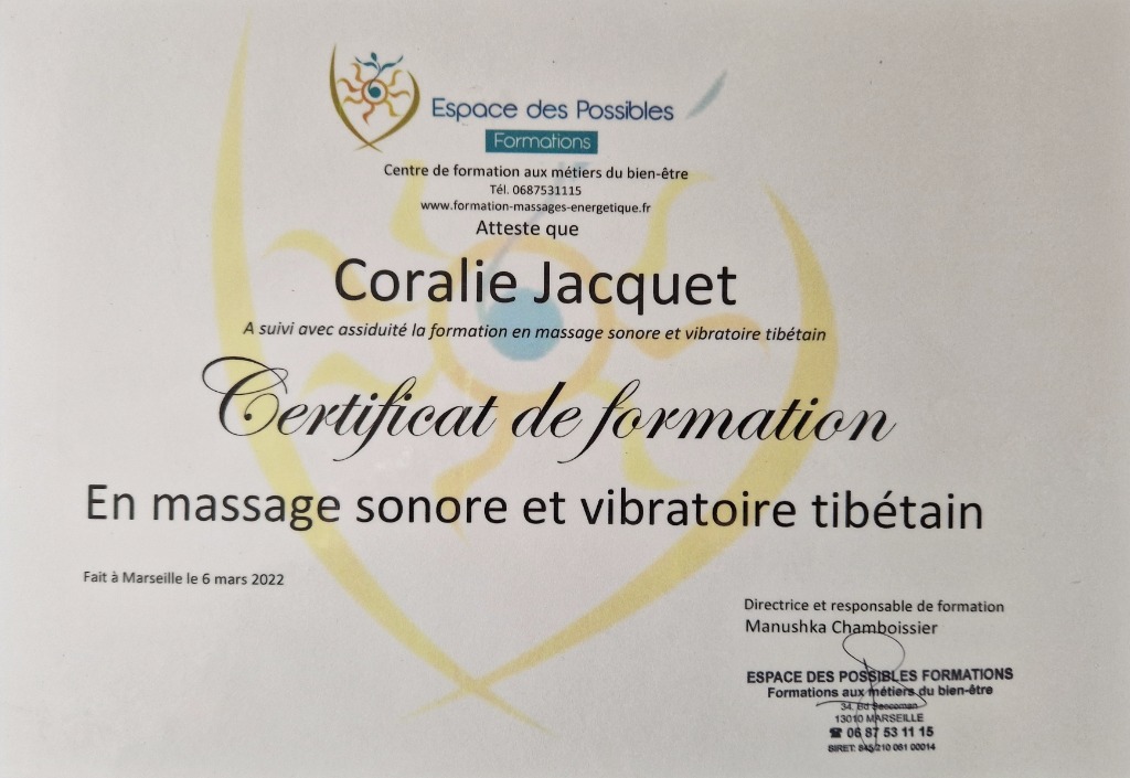 photo diplome Coralie JACQUET "Les Soins D’Uriel"